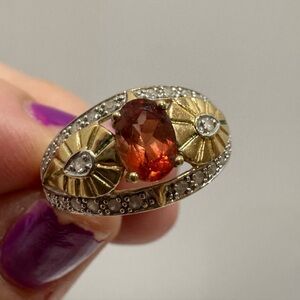 10k yellow Gold and Silver Ring with Orange Gemstone and diamond accents sz 8